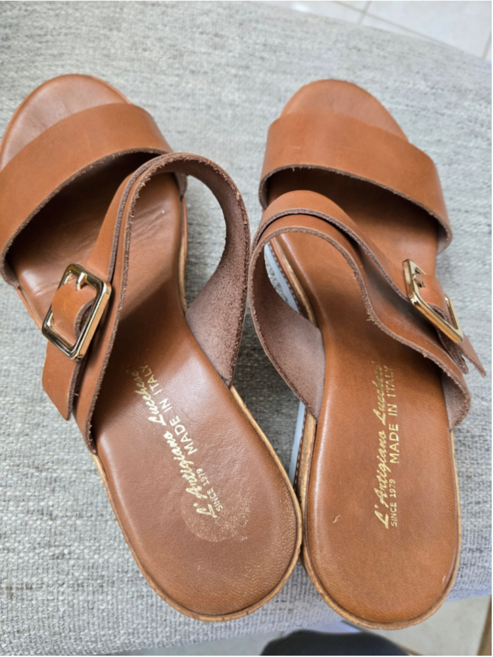 L'Artigiano Lucchese Brown Leather Wedge Slide Sandals Size 9.5 - Picture 4 of 6